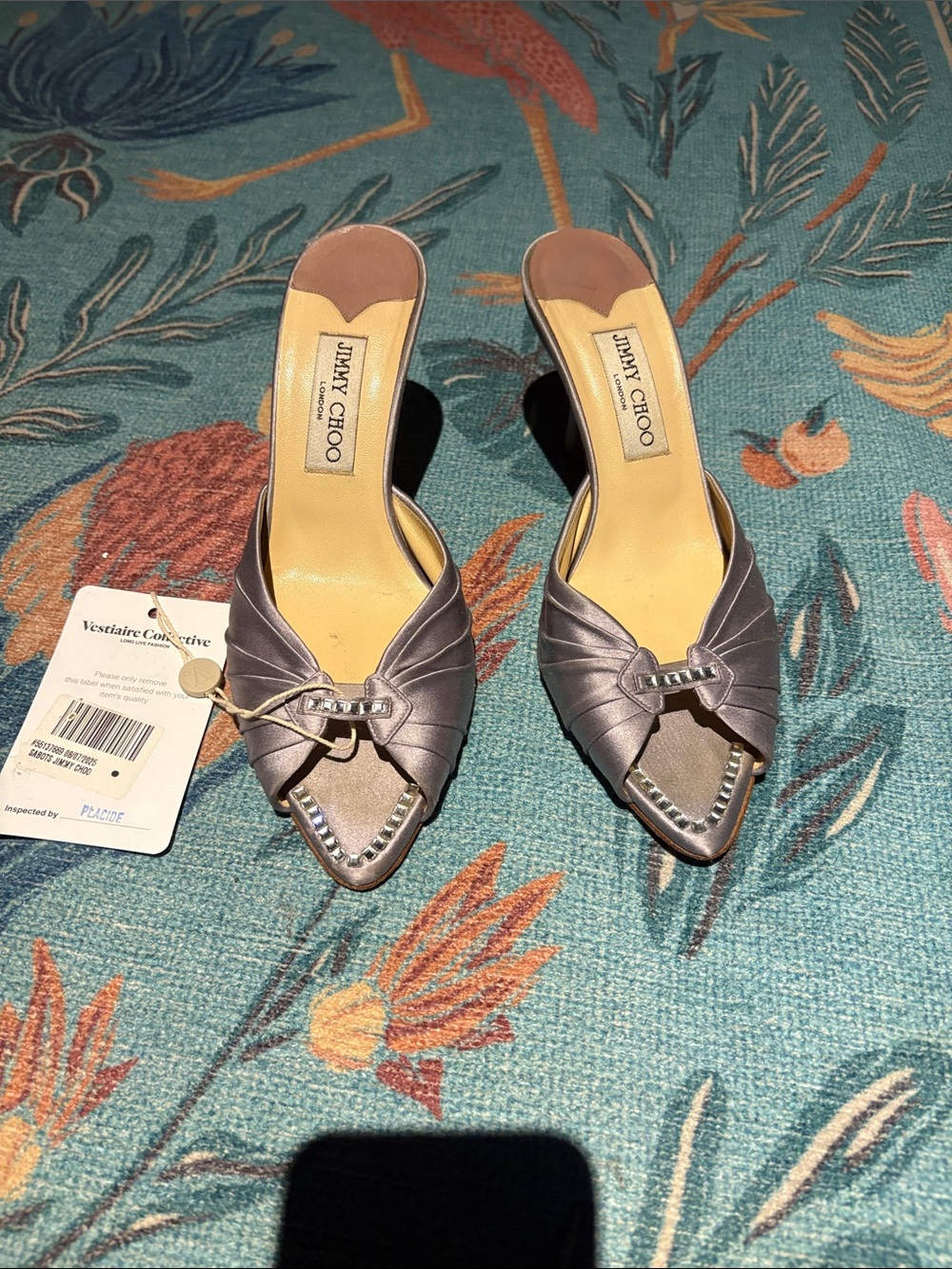 Jimmy Choo Silver Satin Pointed-Toe Crystal-Trim Mules
